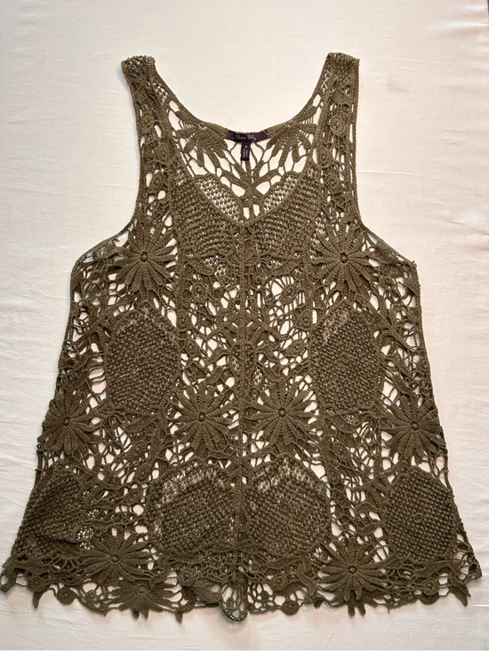 Olivia Sky Tops - Olivia Sky Crochet Lace Tank Top Medium Olive Green Boho Floral Open Knit
